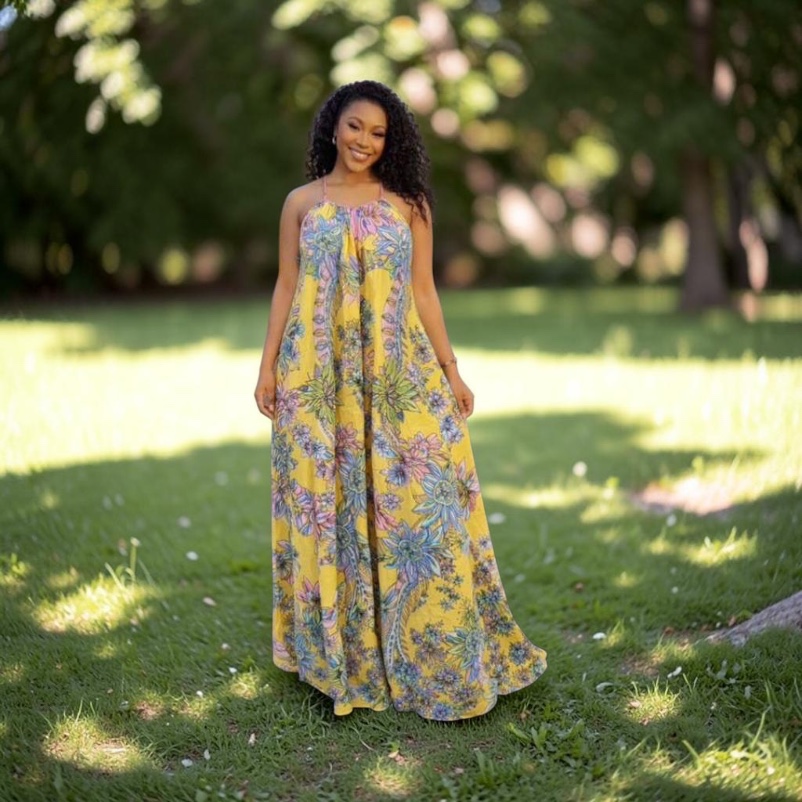 Robe Longue Fleurie Jaune “Golden Bloom”